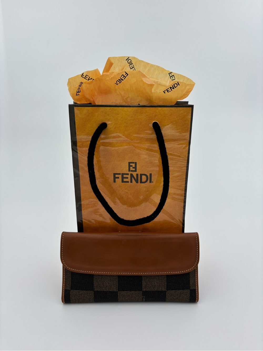 Fendi Brown Check pequin Bi fold Leather Continental Wallet